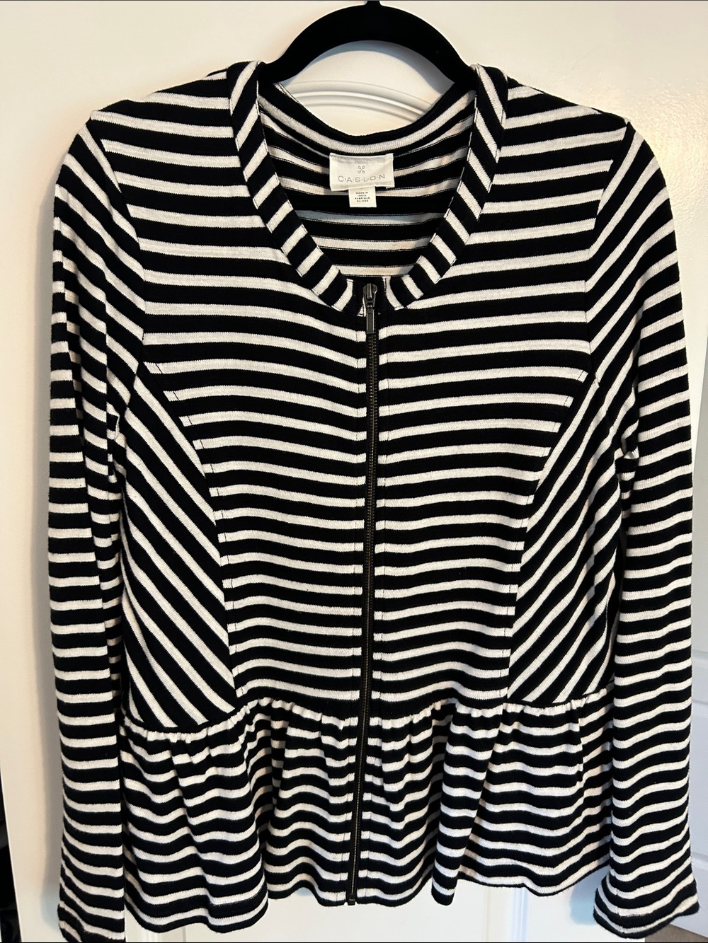 Caslon Black and White Striped Zip Peplum Top